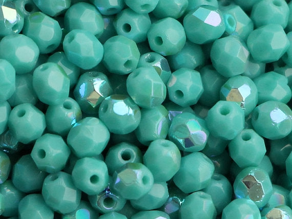 50 pcs Fire Polished Faceted Beads Round, 6mm, Turquoise Green AB, Czech Glass