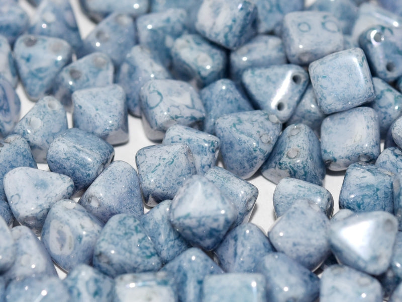 25 pcs Small Pyramid 2-hole Beads, 6x6mm, Alabaster Terracotta Blue, Pressed Czech Glass
