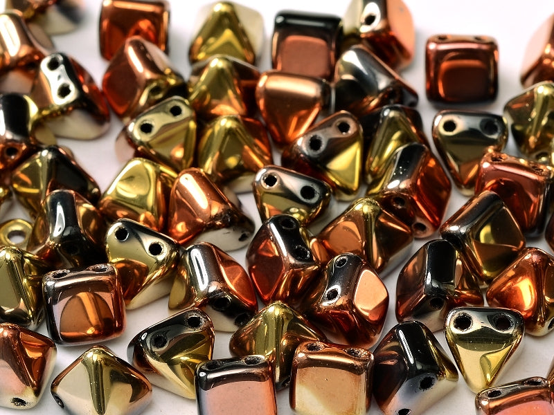 25 pcs Small Pyramid 2-hole Beads, 6x6mm, Jet California Gold Rush, Pressed Czech Glass