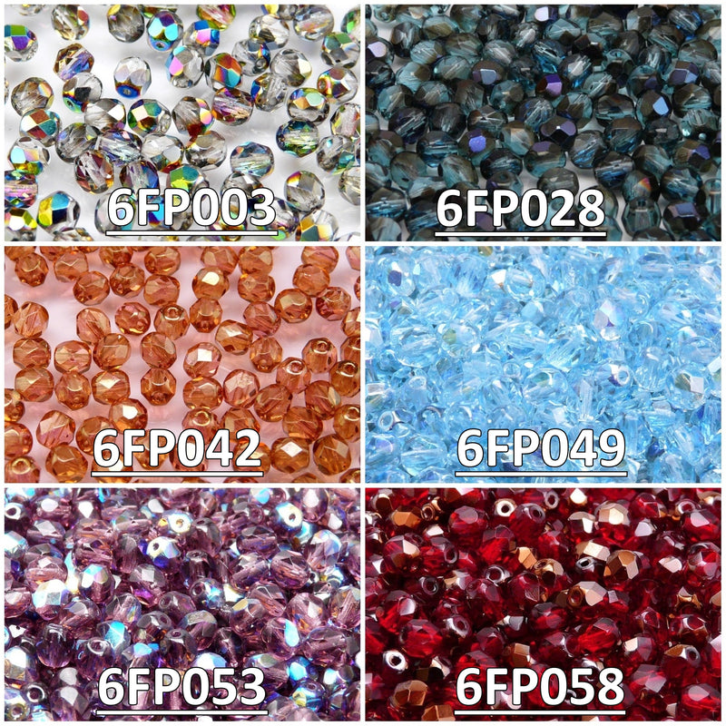 Set of Round Fire Polished Beads, 6mm, 6 colors, Czech Glass