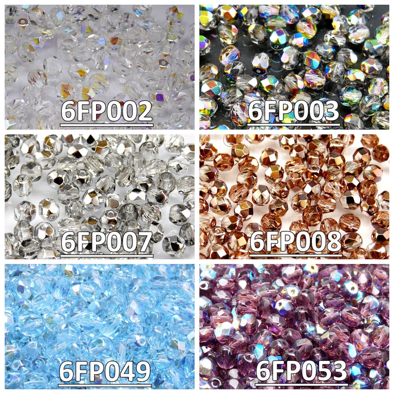 Set of Round Fire Polished Beads, 6mm, 6 colors, Czech Glass