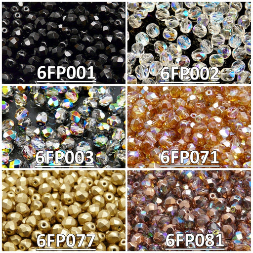 Set of Czech Fire-Polished Glass Beads Round 6mm - 6 colors (6FP001 6FP002 6FP003 6FP071 6FP077 6FP081)