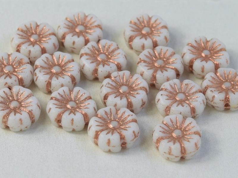 Hibiscus Flower 7 mm, Chalk White with Bronze Fired Decor, Czech Glass