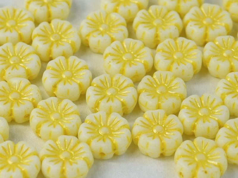 Hibiscus Flower 7 mm, Chalk White with Yellow Decor, Czech Glass