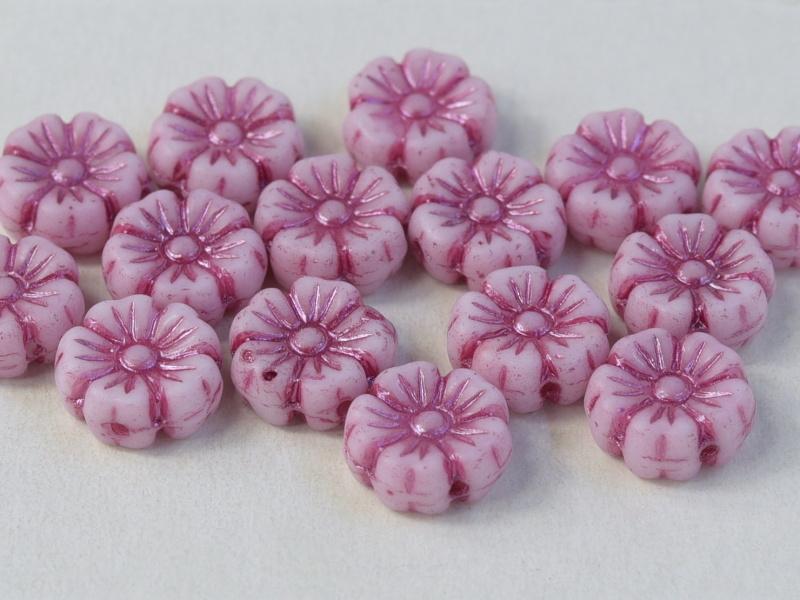 Hibiscus Flower 7 mm, Chalk White with Fuchsia Decor, Czech Glass