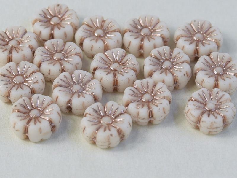 Hibiscus Flower 7 mm, Chalk White with Bronze Decor, Czech Glass