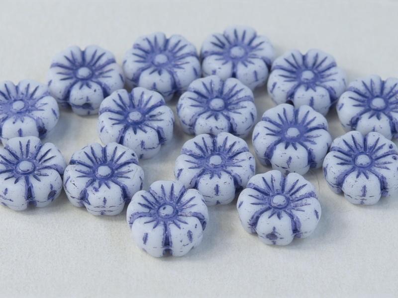 Hibiscus Flower 7 mm, Chalk White with Tanzanite Decor, Czech Glass