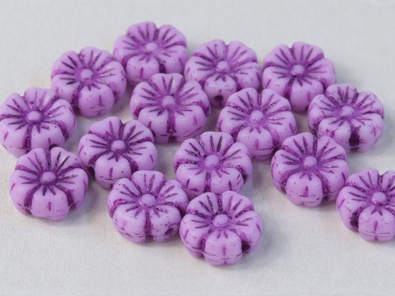 Hibiscus Flower 7 mm, Chalk White with Violet Decor, Czech Glass