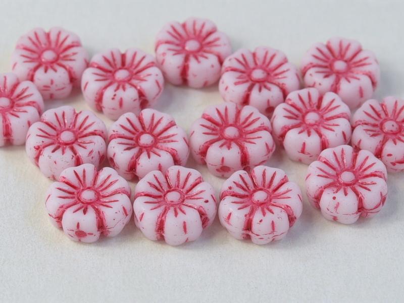 Hibiscus Flower 7 mm, Chalk White with Red Decor, Czech Glass