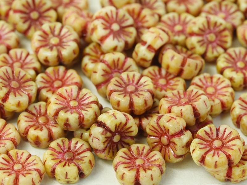 Hibiscus Flower 7 mm, Chalk White Beige Red, Czech Glass