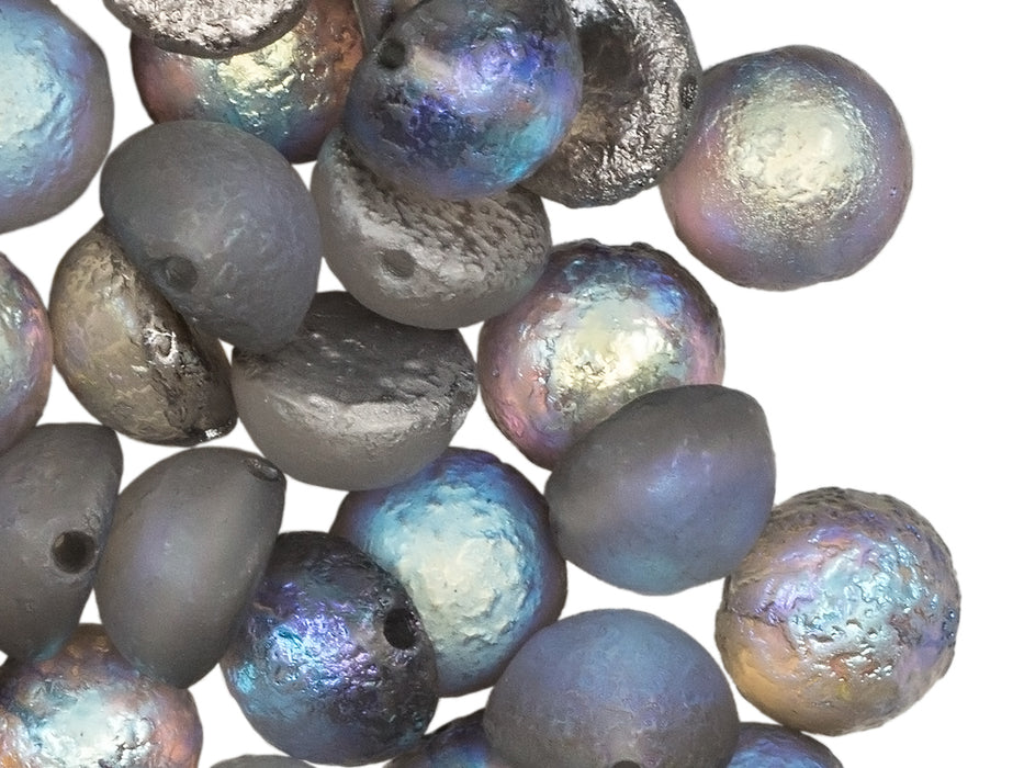6 pcs Dome Pressed Beads, 12x7mm, Crystal Etched Graphite Rainbow, Czech Glass