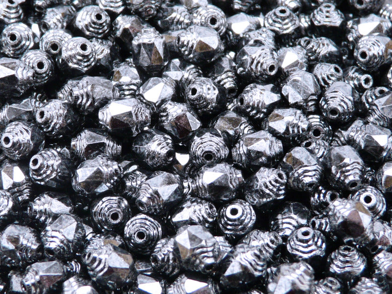25 pcs Cathedral Fire Polished Faceted Beads, 8x6mm, Jet Full Hematite (Gray), Czech Glass