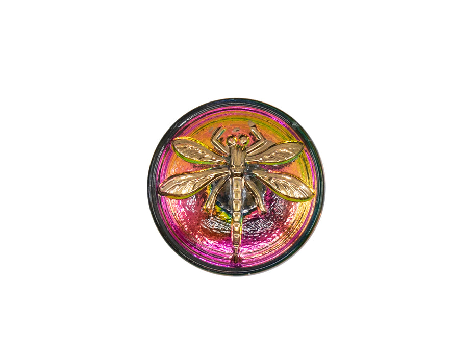 1 pc Czech Glass Button, Crystal Green/Yellow/Pink Vitrail Dragonfly, Hand Painted, Size 8 (18mm)