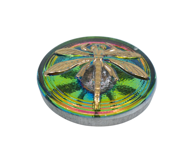 1 pc Czech Glass Button, Crystal Green/Yellow/Pink Vitrail Dragonfly, Hand Painted, Size 8 (18mm)
