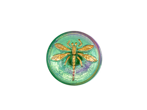 1 pc Czech Glass Button, Transparent Green AB Gold Dragonfly, Hand Painted, Size 8 (18mm)