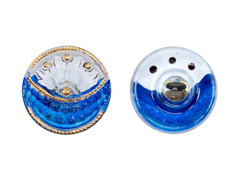 1 pc Czech Glass Buttons Hand Painted, Button Size 8, Transparent with White Bachground and Blue Crescent, Gold decorated, Czech Glass