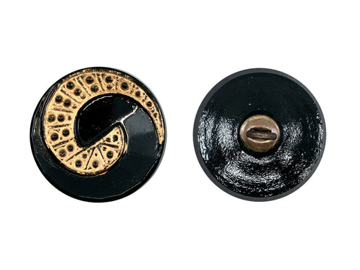 1 pc Czech Glass Buttons Hand Painted, Button Size 8, Jet Black with Gold Spital Dotted Ornament, Concave, Czech Glass