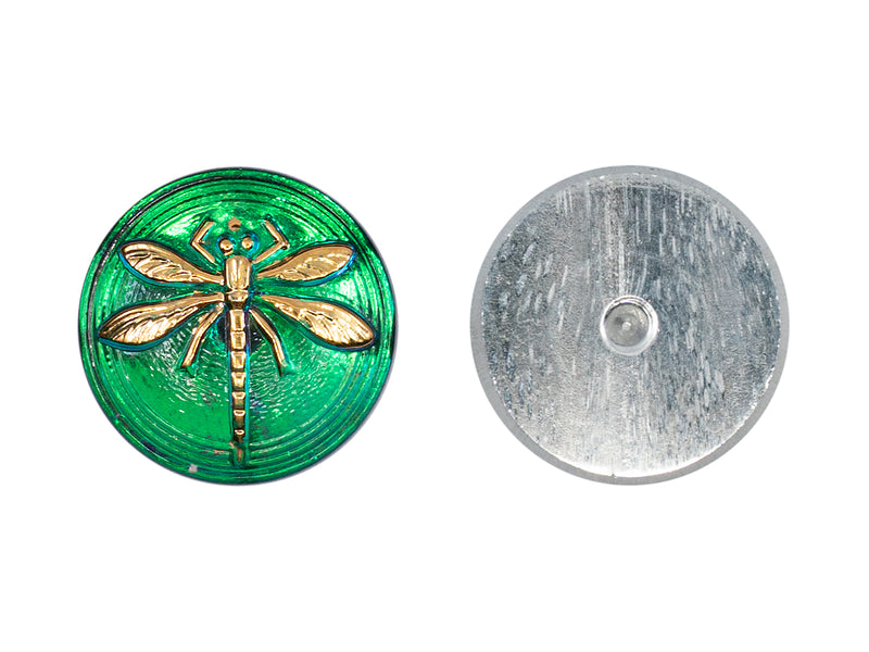 1 pc Czech Glass Cabochon Green Purple Vitrail Gold Dragonfly (Smooth Reverse Side), Hand Painted, Size 8 (18mm)