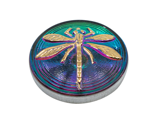 1 pc Czech Glass Cabochon Green Purple Vitrail Gold Dragonfly (Smooth Reverse Side), Hand Painted, Size 8 (18mm)