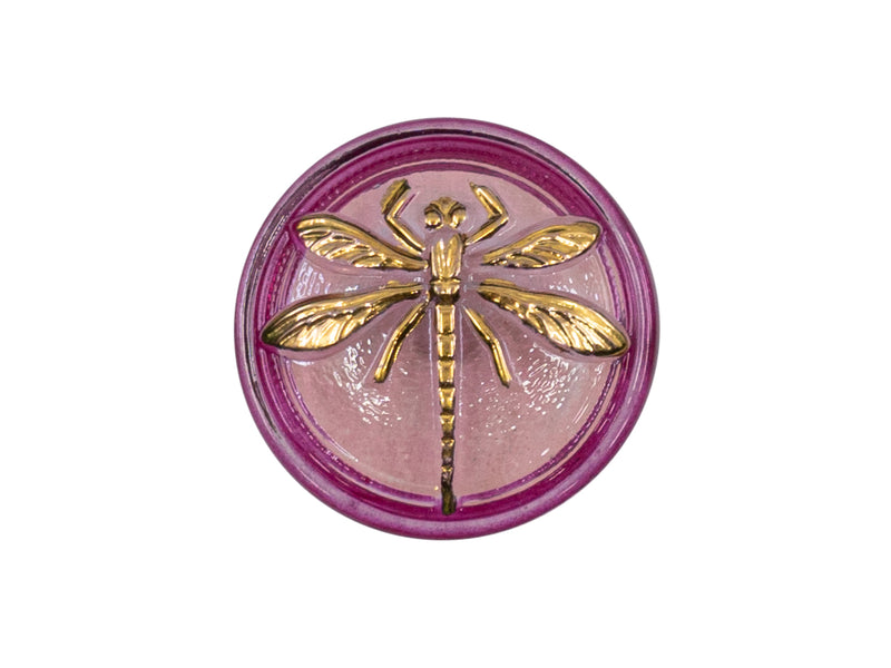 1 pc Czech Glass Cabochon Pink Purple Gold Dragonfly (Smooth Reverse Side), Hand Painted, Size 8 (18mm)