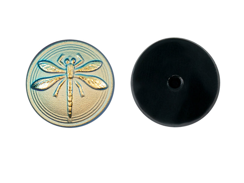 1 pc Czech Glass Cabochon Blue Green Matte Gold Dragonfly (Smooth Reverse Side), Hand Painted, Size 8 (18mm)