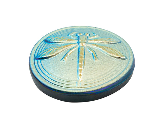 1 pc Czech Glass Cabochon Blue Green Matte Gold Dragonfly (Smooth Reverse Side), Hand Painted, Size 8 (18mm)