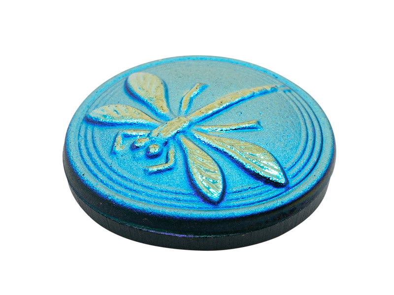 1 pc Czech Glass Cabochon Blue Green Matte Gold Dragonfly (Smooth Reverse Side), Hand Painted, Size 8 (18mm)