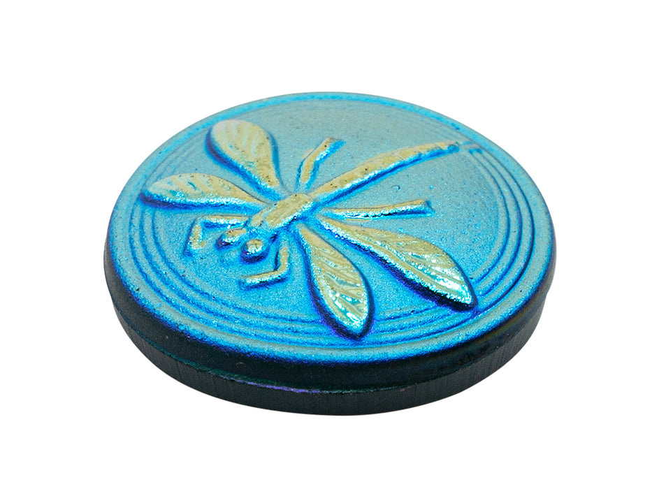 1 pc Czech Glass Cabochon Blue Green Matte Gold Dragonfly (Smooth Reverse Side), Hand Painted, Size 8 (18mm)