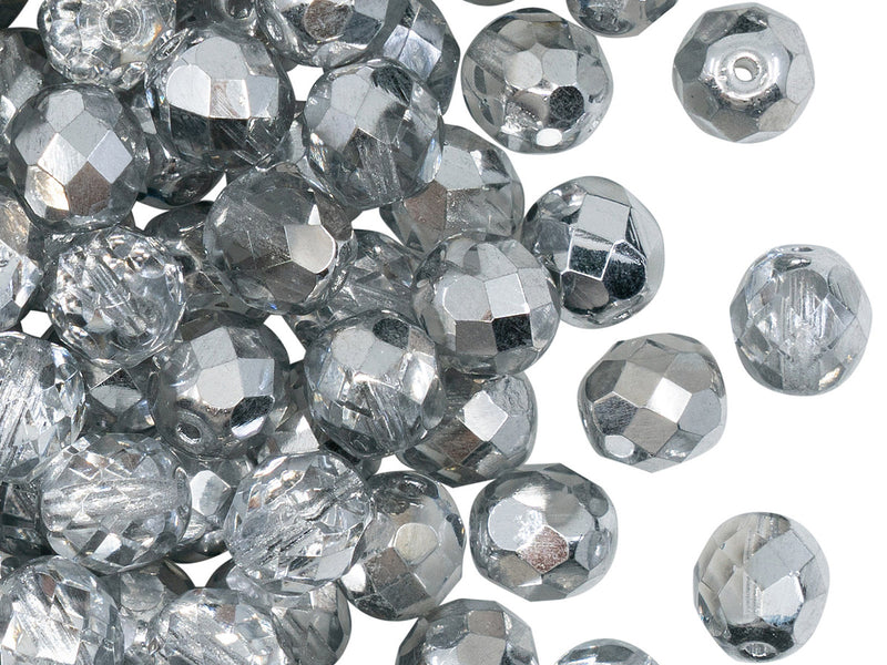 25 pcs Fire Polished Faceted Beads Round, 8mm, Crystal Half Silver, Czech Glass