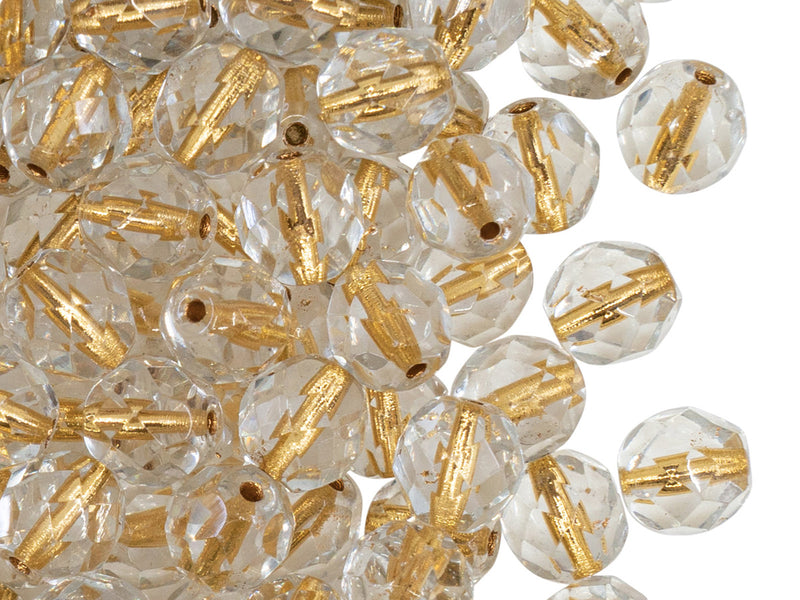 25 pcs Fire Polished Faceted Beads Round, 8mm, Crystal Gold Lined, Czech Glass