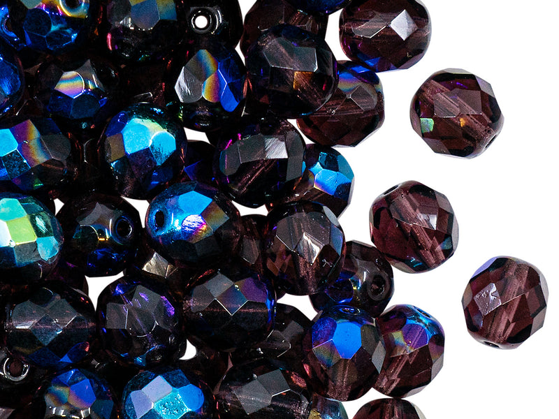 25 pcs Fire Polished Faceted Beads Round, 8mm, Amethyst Half AB, Czech Glass