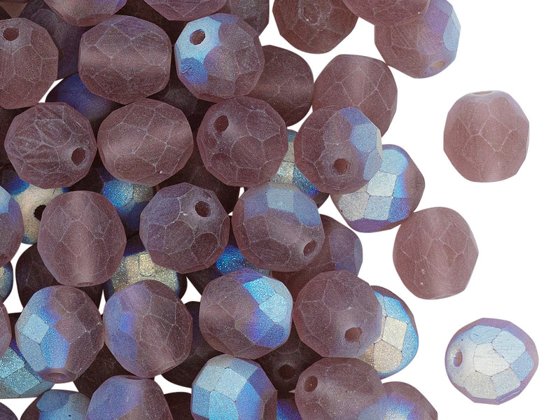 25 pcs Fire Polished Faceted Beads Round, 8mm, Amethyst Half AB Matte, Czech Glass