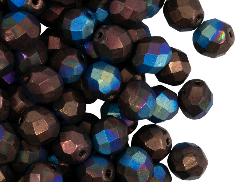 25 pcs Fire Polished Faceted Beads Round, 8mm, Jet Bronze Half AB, Czech Glass