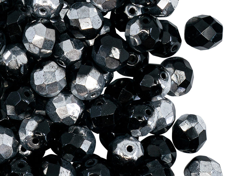 25 pcs Fire Polished Faceted Beads Round, 8mm, Jet Half Labrador (Jet Half Silver), Czech Glass
