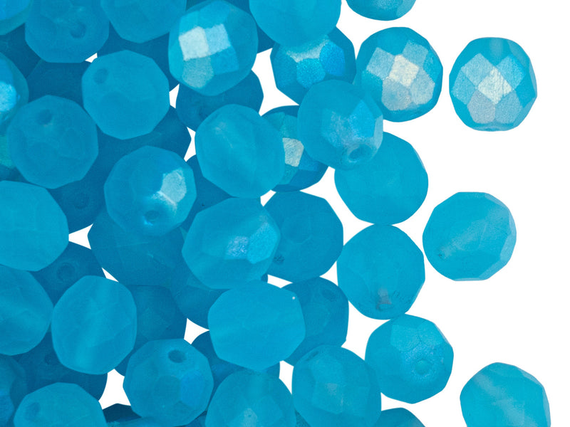 25 pcs Fire Polished Faceted Beads Round, 8mm, Aquamarine Half AB Matte, Czech Glass
