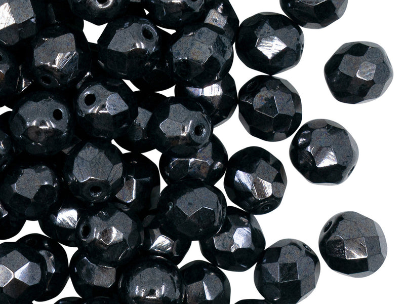 25 pcs Fire Polished Faceted Beads Round, 8mm, Jet Hematite (Gray), Czech Glass