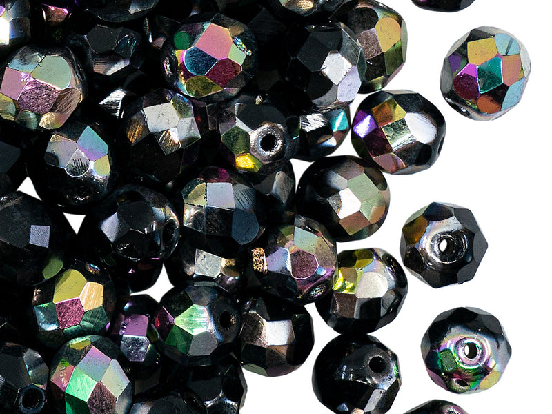 25 pcs Fire Polished Faceted Beads Round, 8mm, Jet Half Vitrail, Czech Glass