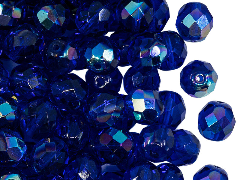 25 pcs Fire Polished Faceted Beads Round, 8mm, Dark Sapphire AB, Czech Glass