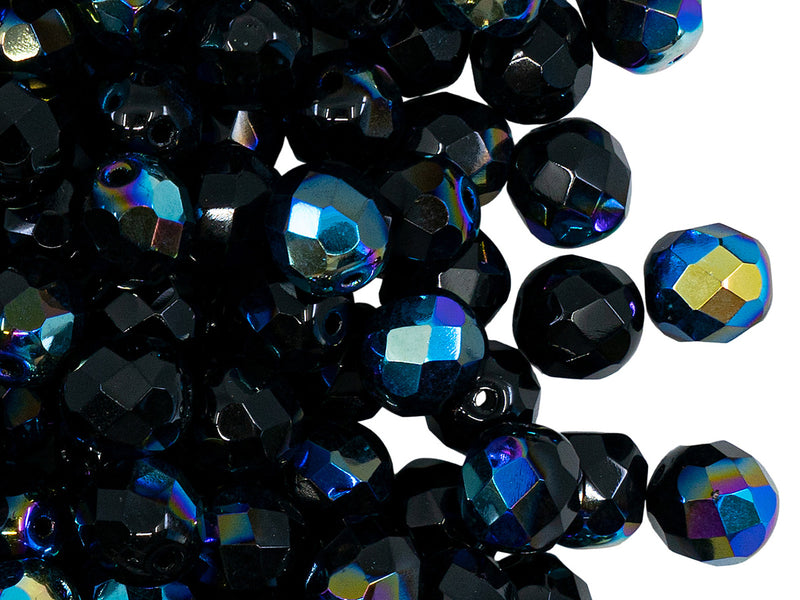 25 pcs Fire Polished Faceted Beads Round, 8mm, Jet Half AB, Czech Glass