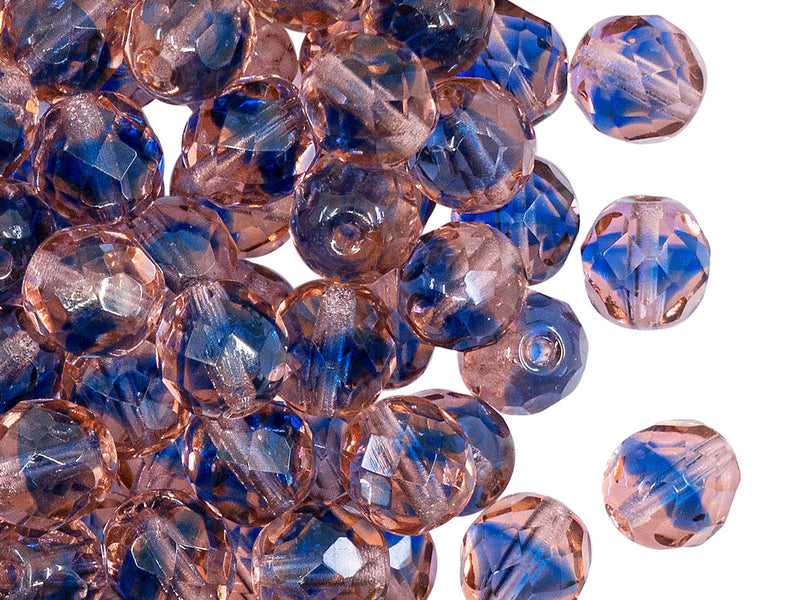 25 pcs Fire Polished Faceted Beads Round, 8mm, Rosaline with Sapphire Inside, Czech Glass