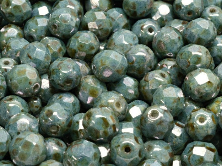 Set of Round Fire Polished Beads (3mm, 4mm, 6mm, 8mm), Chalk Blue Gray Glaze, Czech Glass