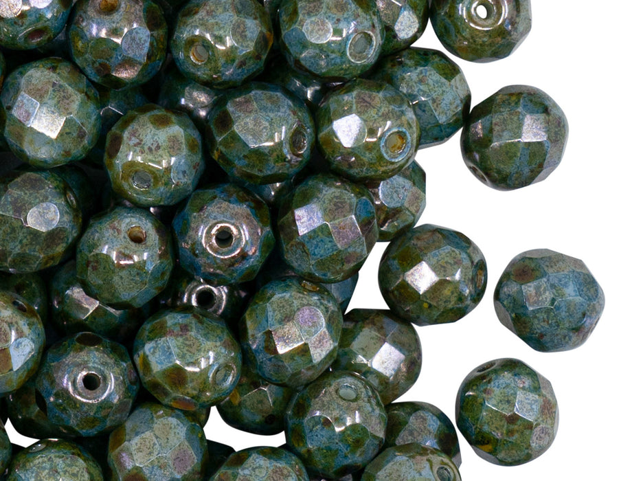 25 pcs Fire Polished Faceted Beads Round, 8mm, Chalk White Blue Glaze, Czech Glass