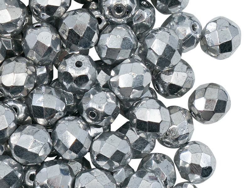 25 pcs Fire Polished Faceted Beads Round, 8mm, Crystal Full Labrador (Silver Metallic), Czech Glass
