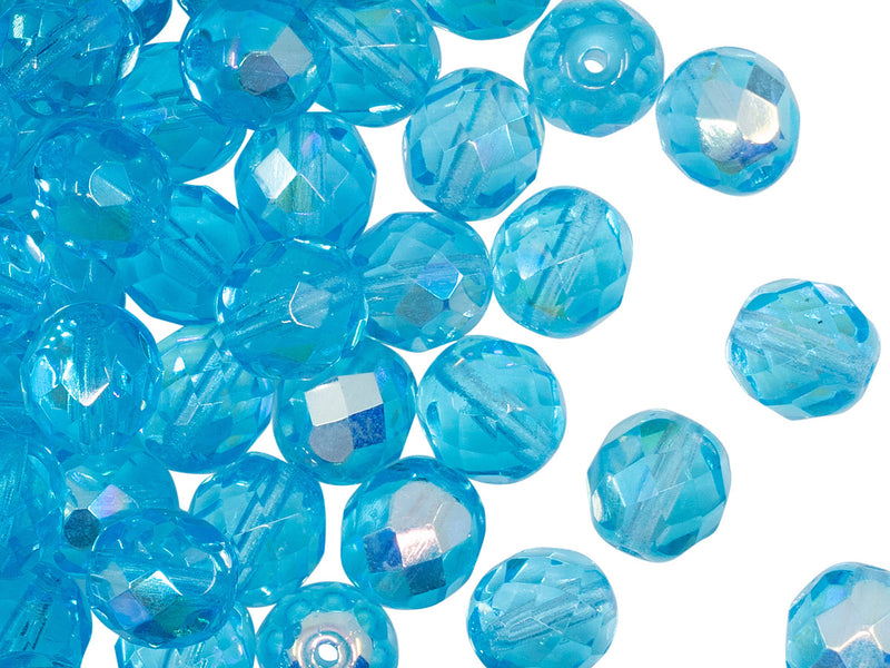 25 pcs Fire Polished Faceted Beads Round, 8mm, Aquamarine AB, Czech Glass