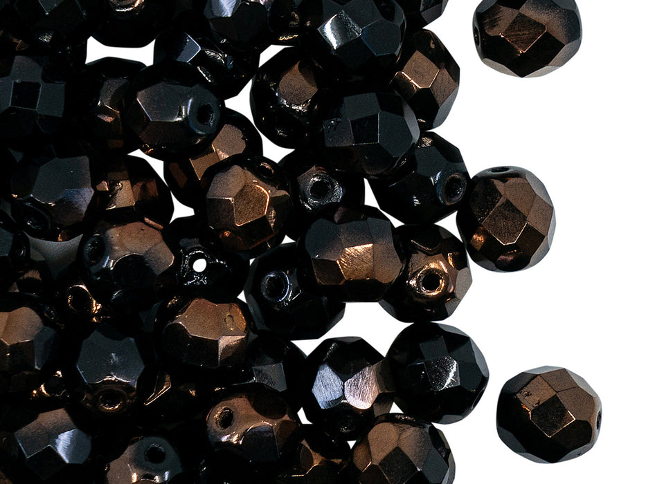 25 pcs Fire Polished Faceted Beads Round, 8mm, Jet Black Half Bronze Luster, Czech Glass