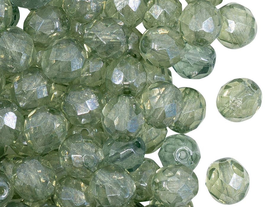 25 pcs Fire Polished Faceted Beads Round, 8mm, Crystal Green Luster, Czech Glass