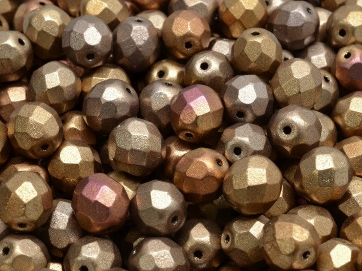 Set of Round Fire Polished Beads (3mm, 4mm, 6mm, 8mm), Silky Gold Iris Matte, Czech Glass