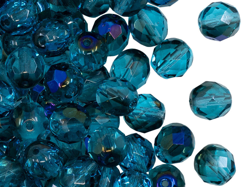 25 pcs Fire Polished Faceted Beads Round, 8mm, Aquamarine Half Azuro, Czech Glass