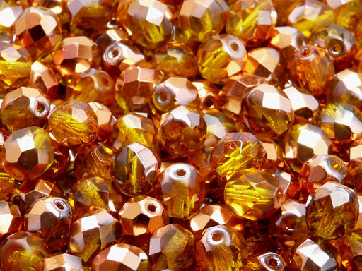 25 pcs Fire Polished Faceted Beads Round, 8mm, Amber Half Sunset, Czech Glass