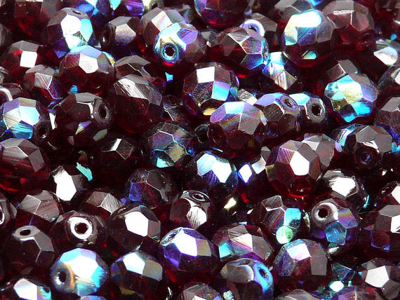 25 pcs Fire Polished Faceted Beads Round, 8mm, Dark Ruby Half AB, Czech Glass